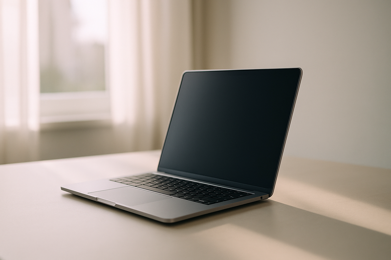 MacBook d'occasion sur un bureau minimaliste avec éclairage doux