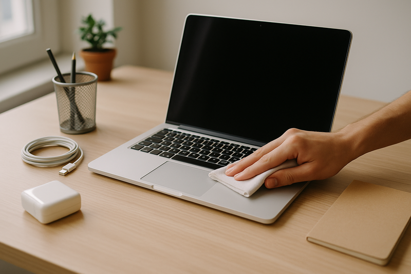 MacBook réinitialisé sur un bureau propre, prêt à être vendu