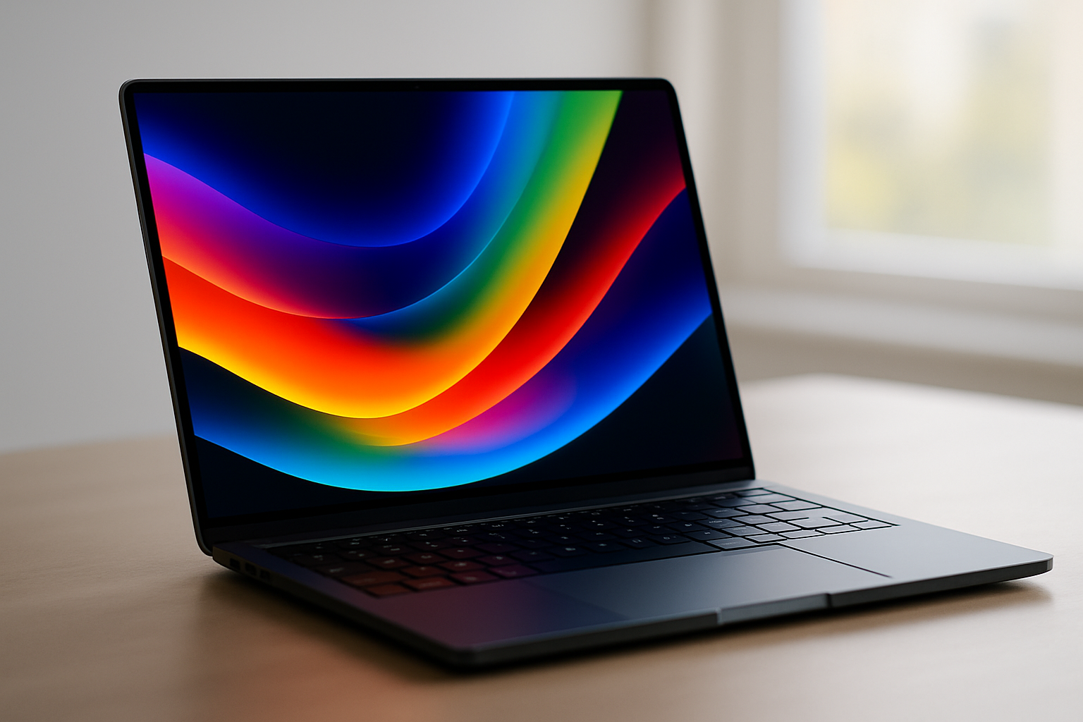 MacBook avec écran OLED en lumière douce, photo éditoriale