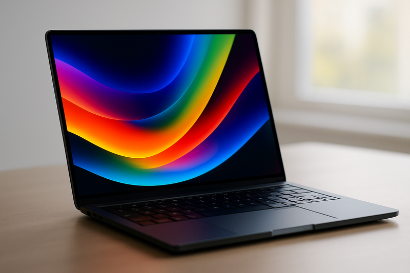 MacBook avec écran OLED en lumière douce, photo éditoriale