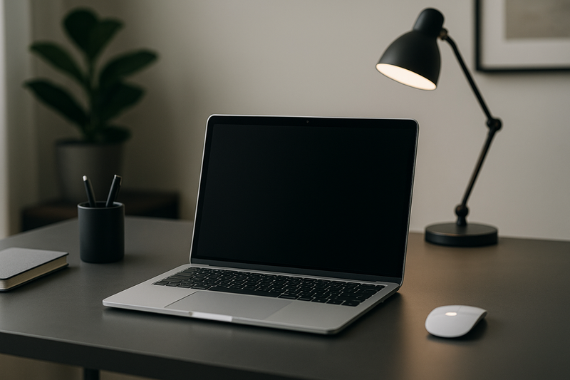 MacBook sur un bureau épuré, lumière douce, photographie tech