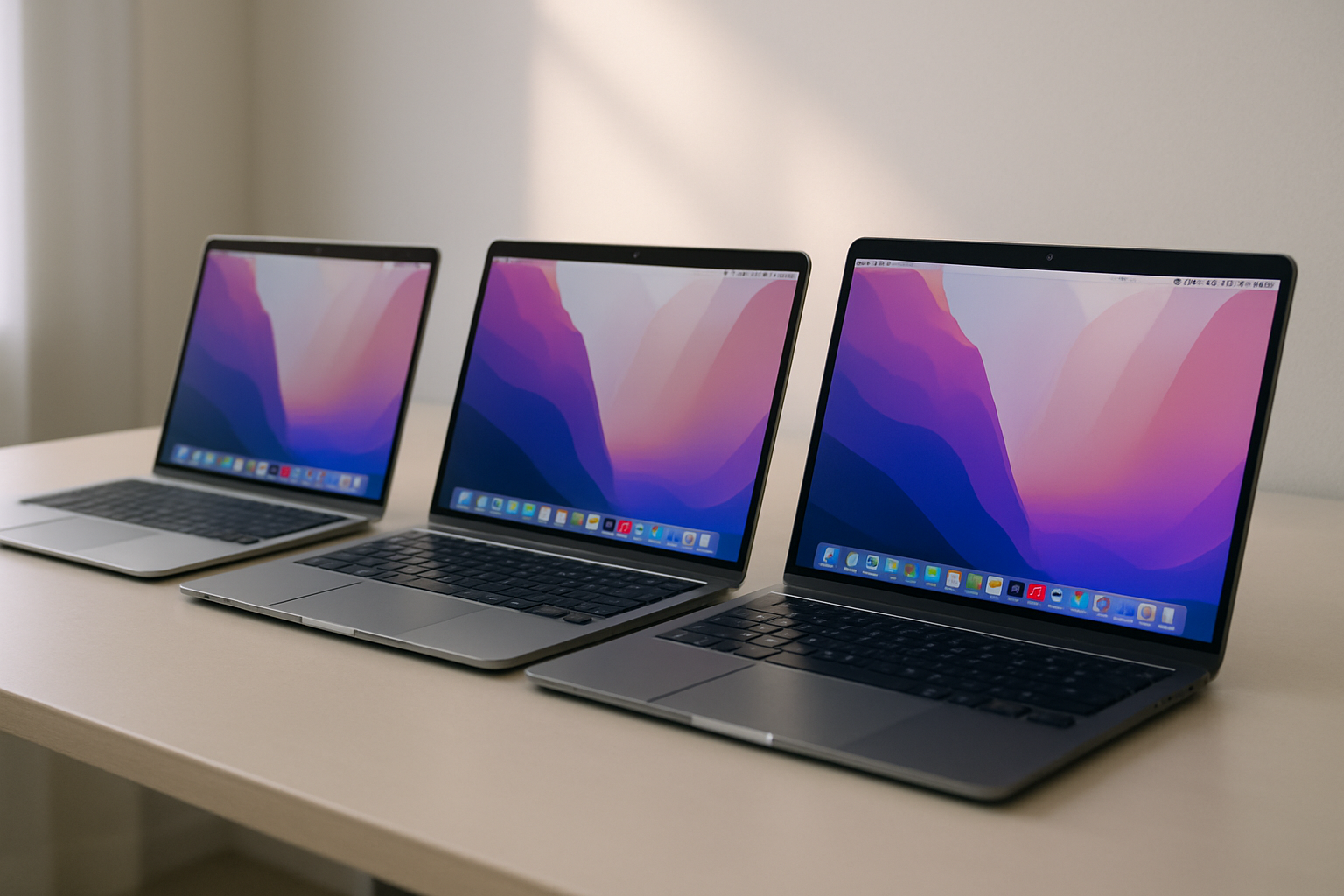 Comparaison des modèles MacBook Air M1, M2 et M3 sur un bureau minimaliste