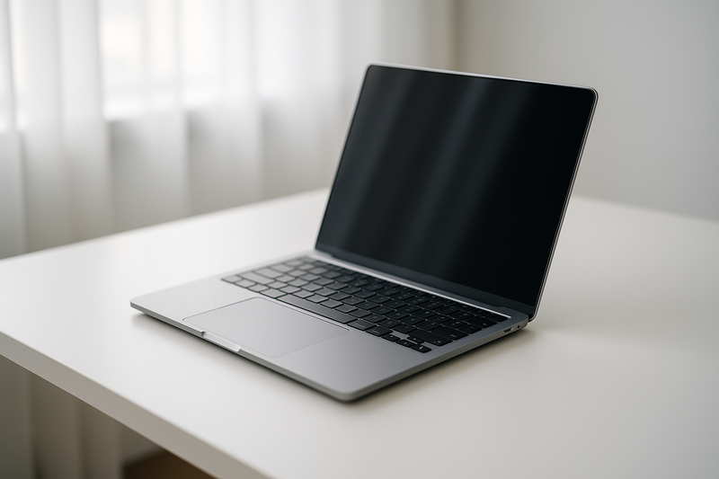 MacBook d'occasion sur un bureau épuré, illustration tech
