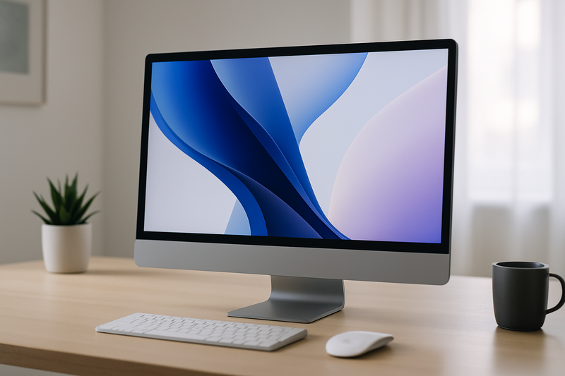 iMac 24 pouces M1 sur un bureau minimaliste, idéal pour la famille ou le travail