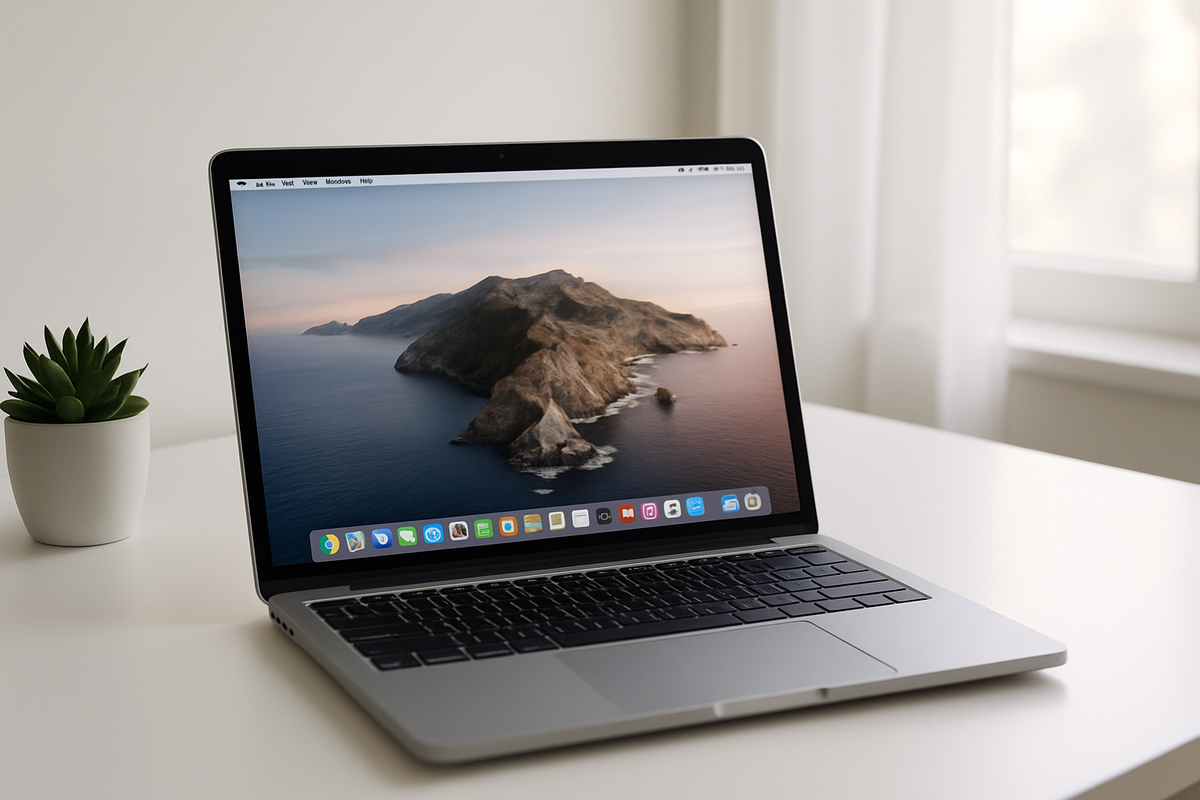 Un MacBook moderne affichant l'interface de macOS dans un bureau minimaliste
