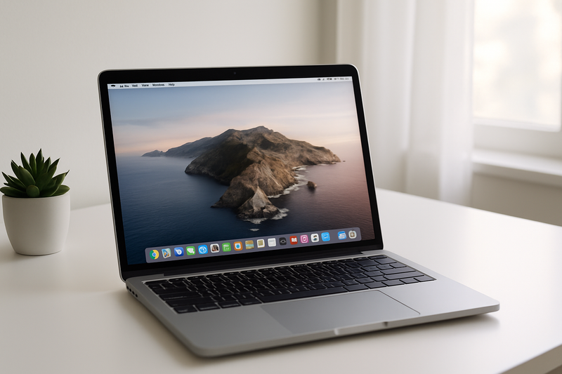 Un MacBook moderne affichant l'interface de macOS dans un bureau minimaliste