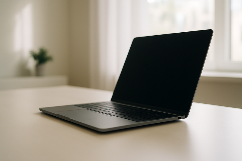 MacBook d'occasion sur un bureau minimaliste, lumière douce