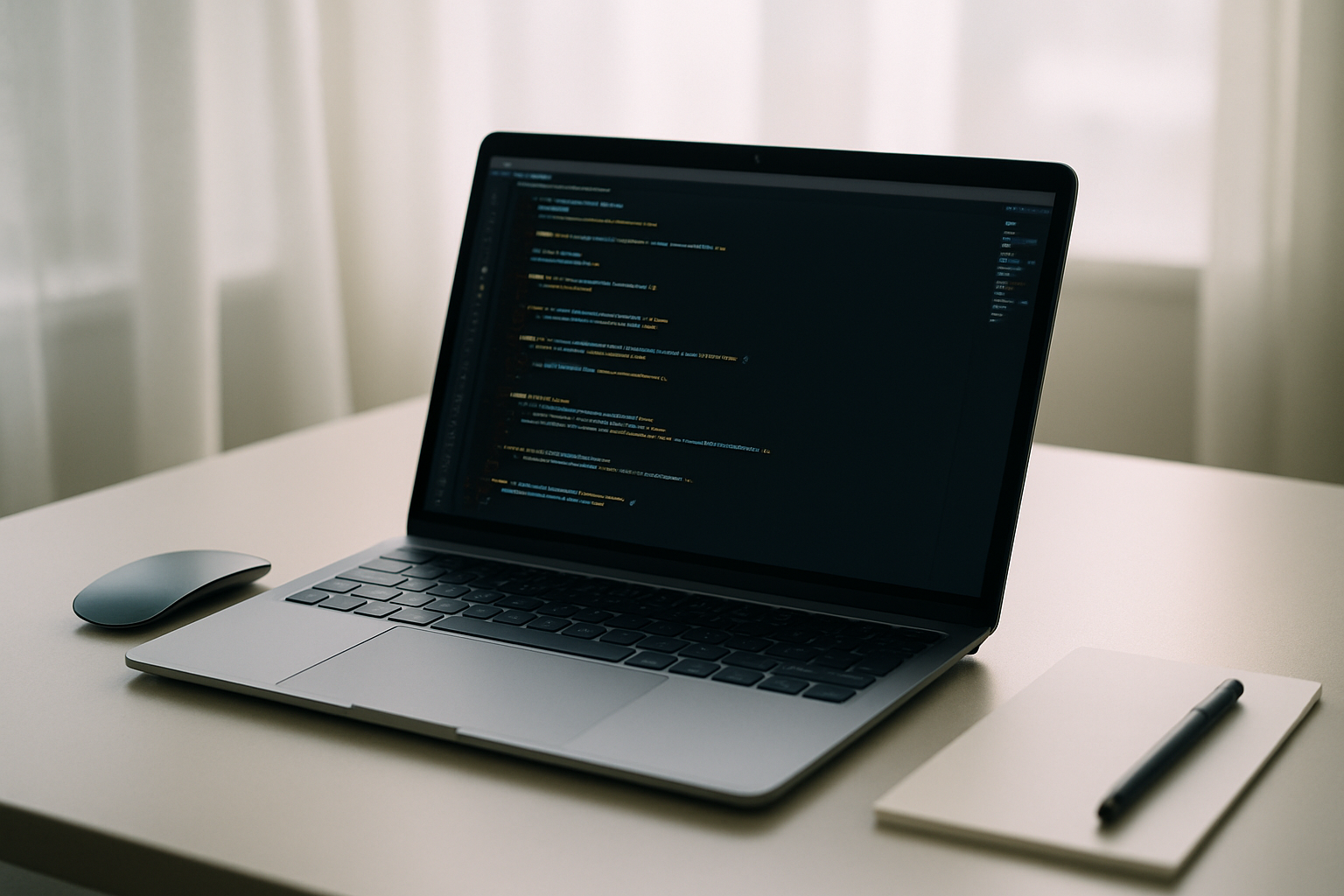 MacBook sur un bureau minimaliste avec du code à l'écran