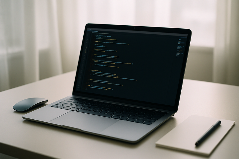 MacBook sur un bureau minimaliste avec du code à l'écran