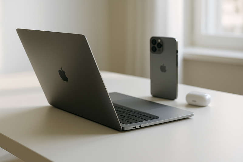 Nouveau matériel Apple en arrière-plan avec un MacBook d'occasion sur un bureau minimaliste