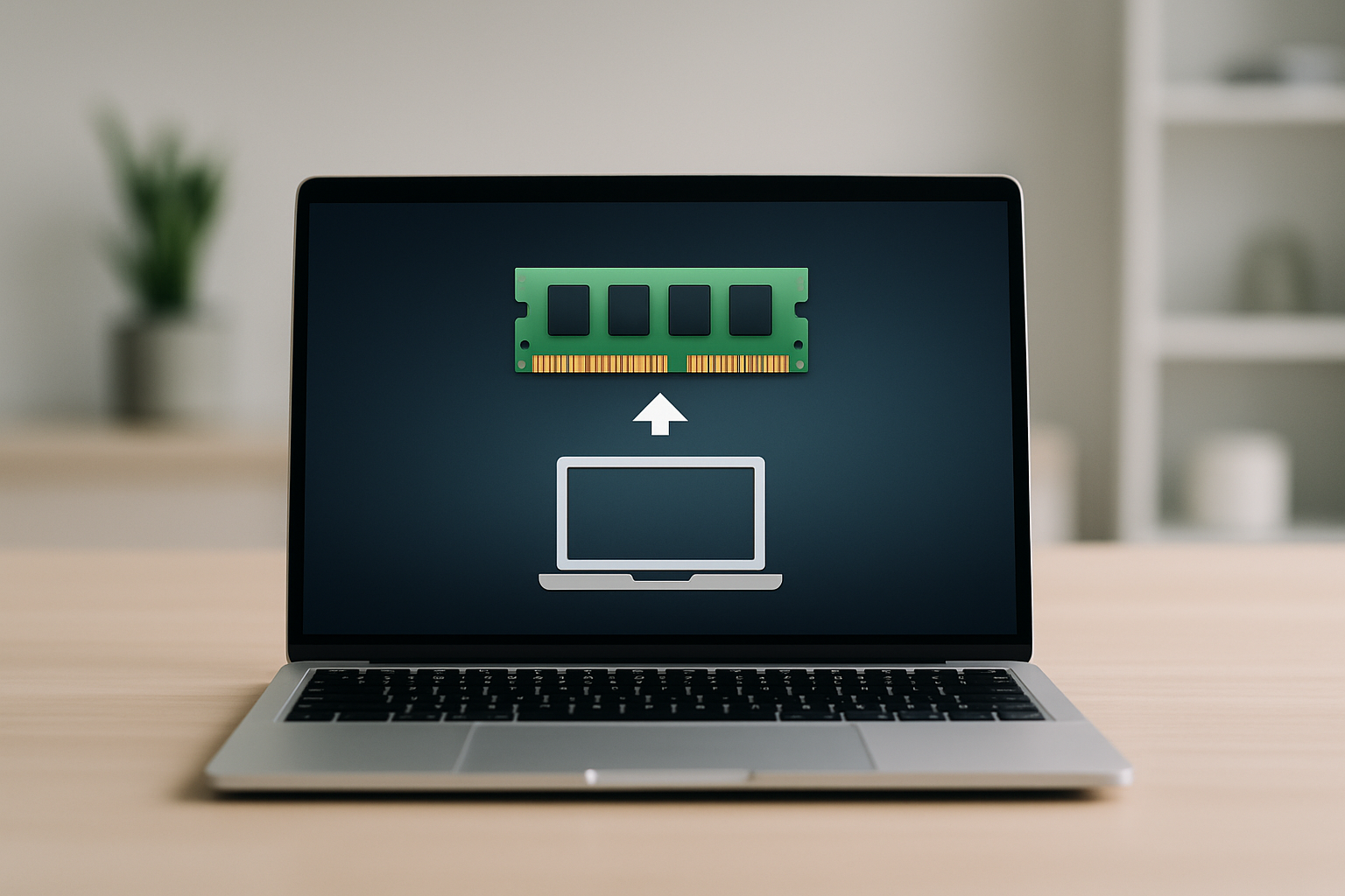 Illustration d'un MacBook moderne sur un bureau minimaliste, évoquant le sujet de la RAM