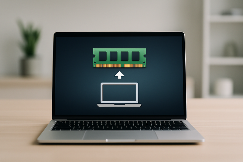 Illustration d'un MacBook moderne sur un bureau minimaliste, évoquant le sujet de la RAM