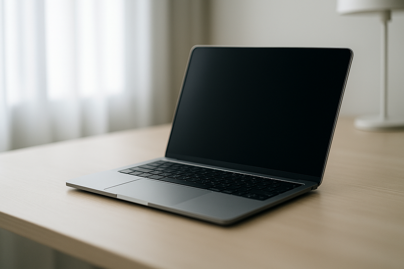 MacBook d'occasion élégant sur un bureau minimaliste