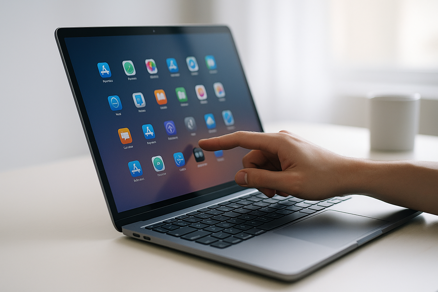 Nouveau MacBook avec écran tactile sur un bureau épuré