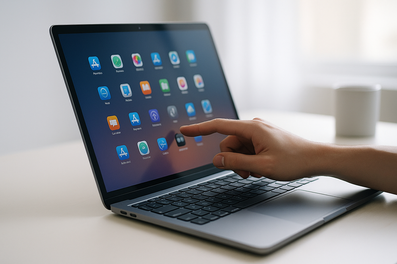 Nouveau MacBook avec écran tactile sur un bureau épuré