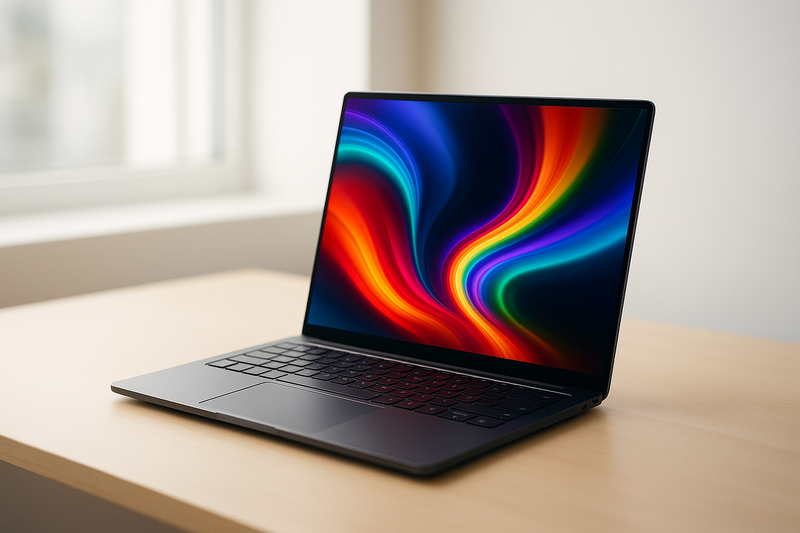 Concept de MacBook Pro avec écran OLED sur un bureau minimaliste