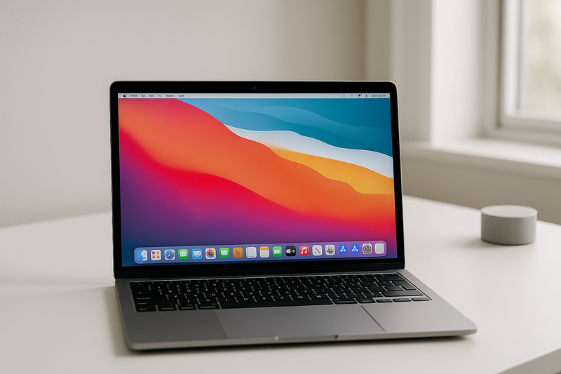 Illustration d'un MacBook avec l'interface de macOS 27