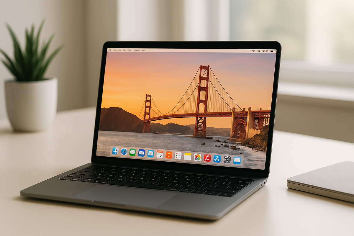 MacBook moderne avec interface macOS Golden Gate sur un bureau minimaliste