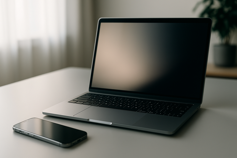 Espace de travail moderne avec MacBook et iPhone sur un bureau épuré