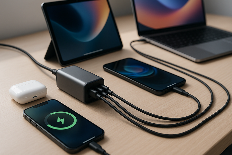 Chargeur Satechi 240W avec plusieurs appareils Apple sur un bureau moderne