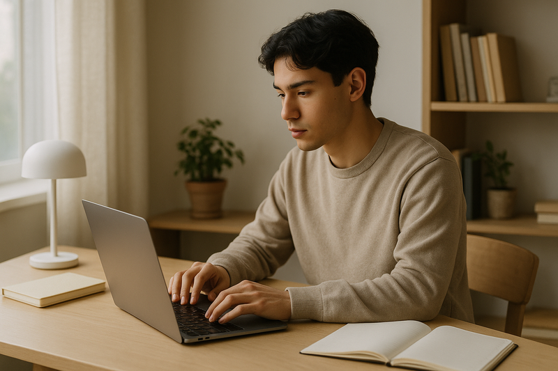 Un étudiant utilisant un MacBook dans un espace de travail minimaliste
