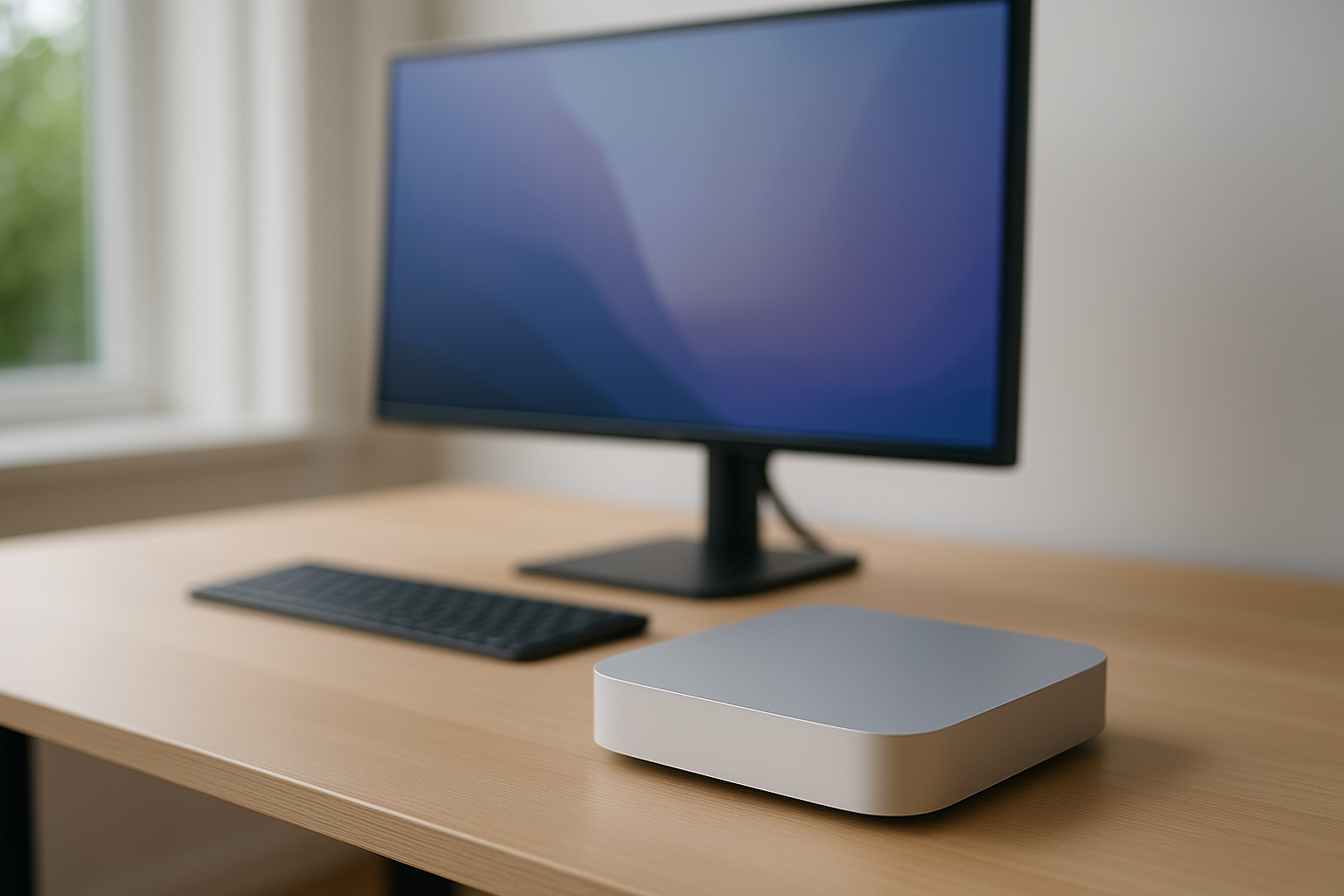 Mac mini M2 d'occasion sur un bureau moderne et épuré