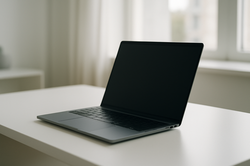 MacBook d'occasion sur un bureau minimaliste, illustration tech
