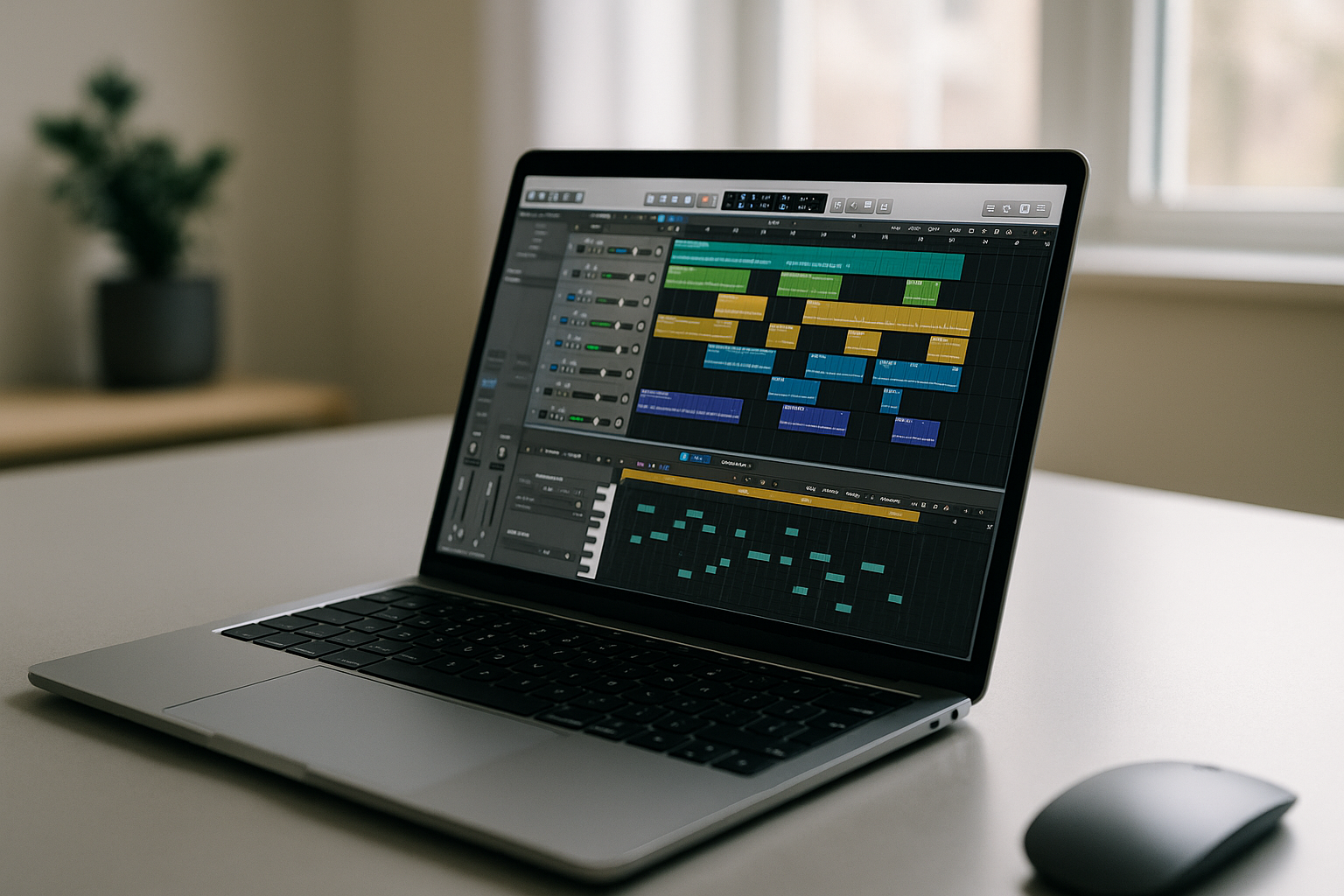 MacBook d'occasion avec logiciel de musique ouvert sur un bureau minimaliste