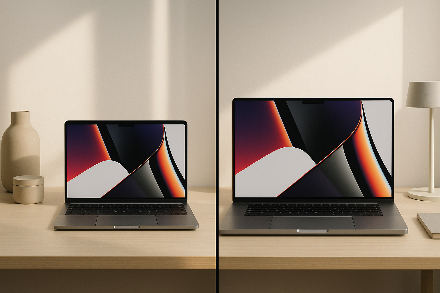 Comparaison entre un MacBook Pro 14 pouces et 16 pouces d'occasion sur un bureau