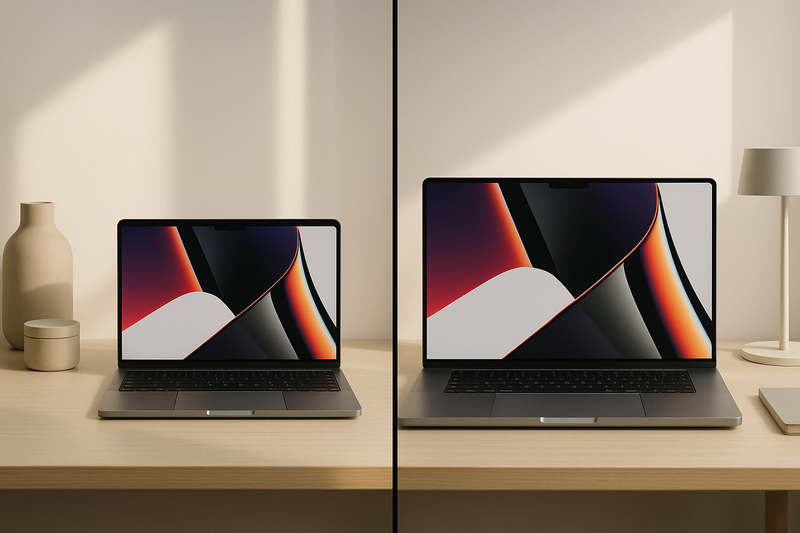Comparaison entre un MacBook Pro 14 pouces et 16 pouces d'occasion sur un bureau