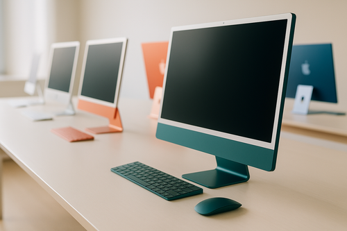 iMac d'occasion coloré sur un bureau minimaliste, tech d'occasion