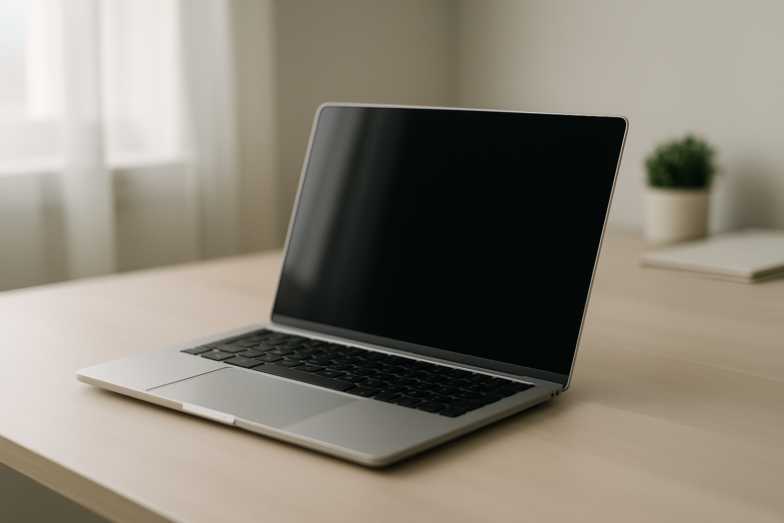 MacBook d'occasion sur un bureau minimaliste, lumière douce